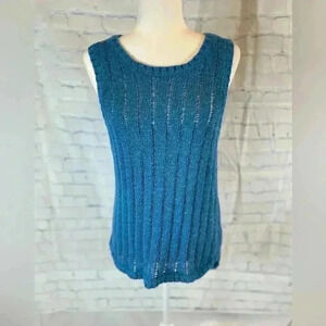 ELLEN TRACY aqua blue teal crocheted knit sleeveless tank top coverup women’s L